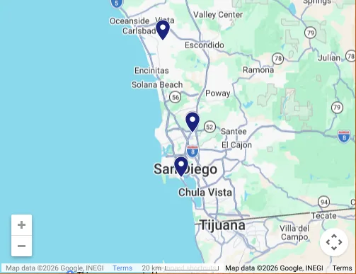 Map of Thrasher Pest Control service areas across San Diego County